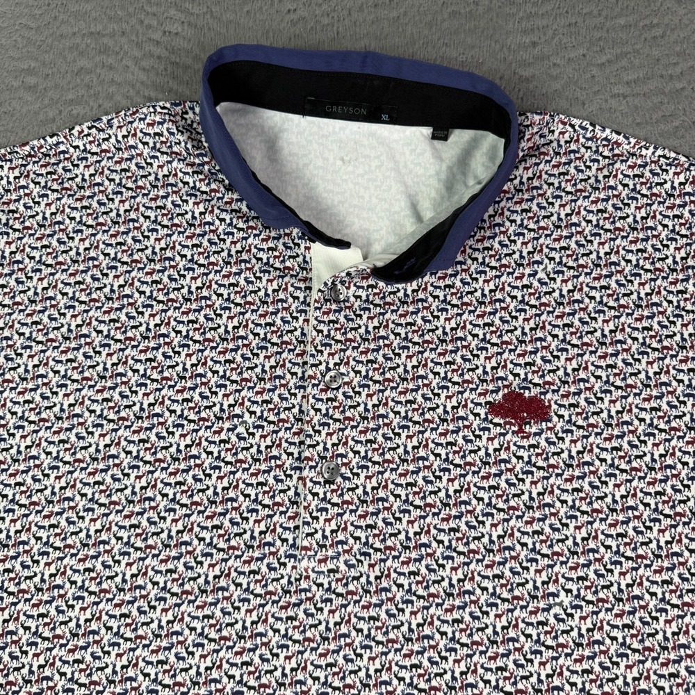 Greyson Polo Shirt Mens XL Reindeer Stag Animal Print Golf Short Sleeve